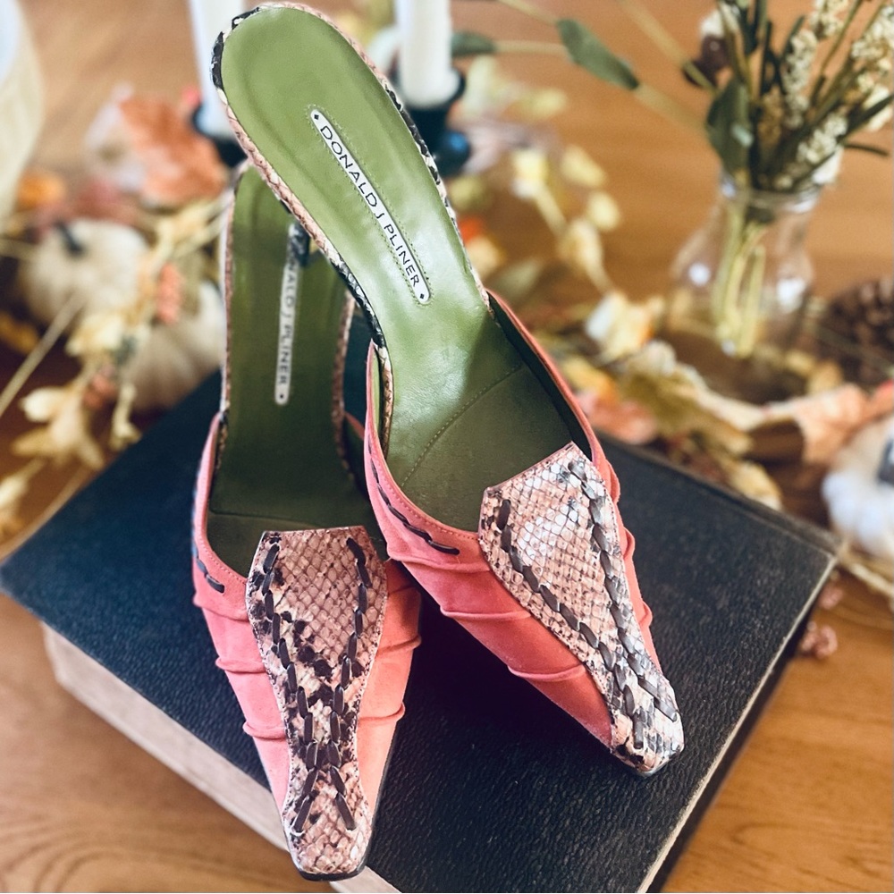 Super RARE Donald J Pliner Mara Suede And Leather Western Style Snakeskin Mules